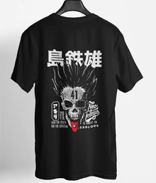 Black Anime Graphic Printed Round Neck Oversized Cotton T-Shirt For